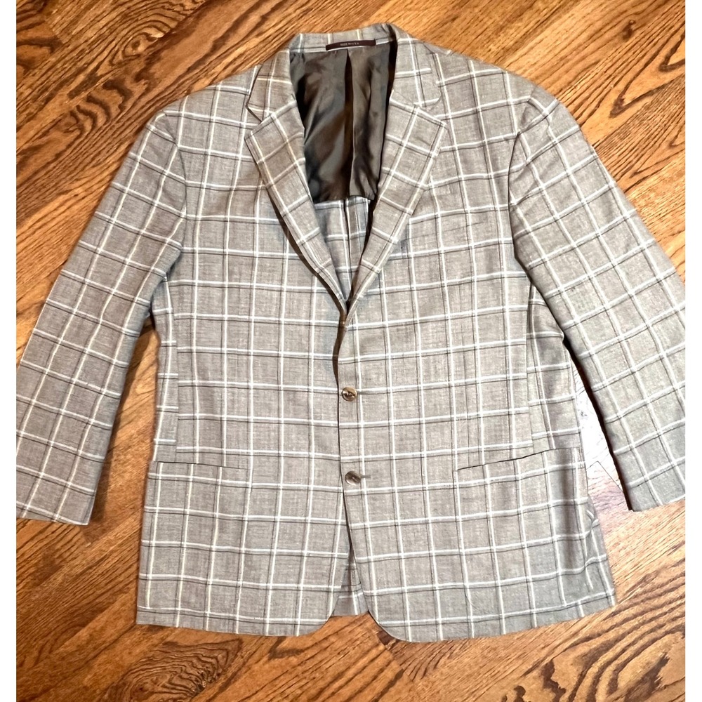 Mens Plaid Hickey Freeman Blazer Jacket‎ Made in USA Grey White Business Casual